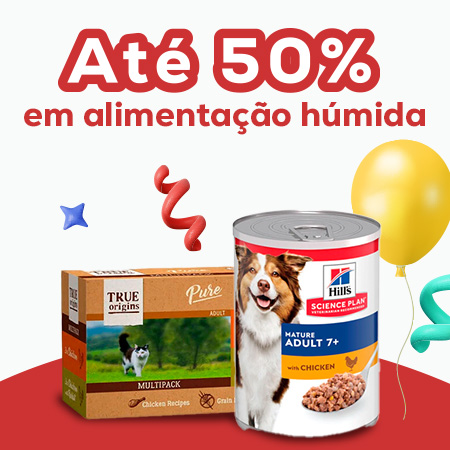 Até 50% de desconto nas melhores marcas em alimentação húmida para cão e gato 