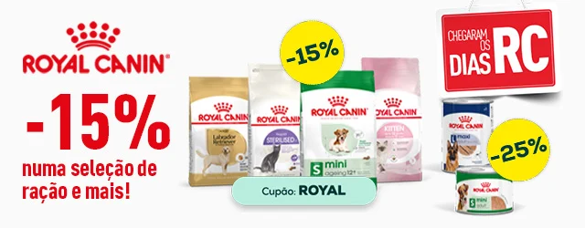 Royal Canin: 15% de desconto em seleção de ração para cão, e 25% de desconto em seleção de packs de alimentação húmida para cão