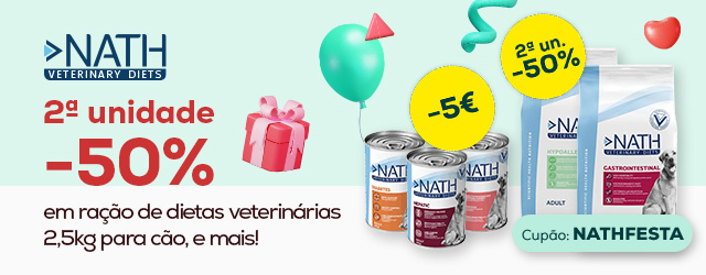 Nath Veterinary Diets: -50% na 2ª unidade em ração para cão 3kg; 5€ de desconto em packs de alimentação húmida