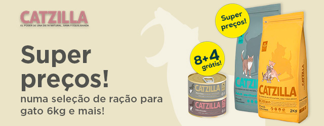 'Catzilla: Super preços em ração para gato 6kg; 8+4 grátis numa seleção de packs de alimentação húmida 12un.