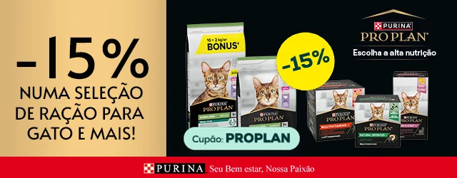 Pro Plan: -15% numa seleção de ração para gato e -15% numa seleção de suplementos para gato
