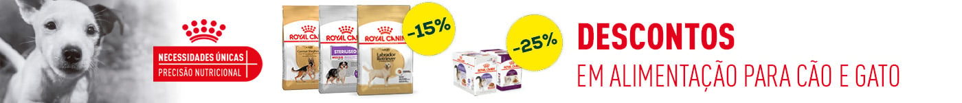 Royal Canin: -15% numa seleção de ração para cão e -25% numa seleção de packs de alimentação húmida para gato
