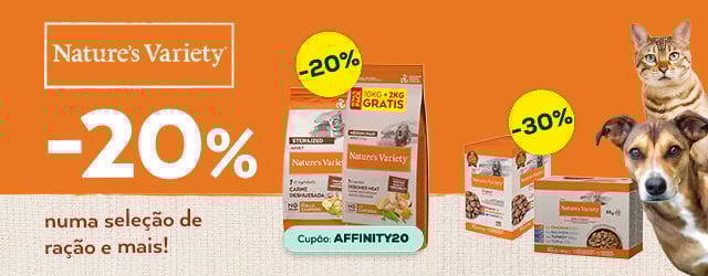 Nature's Variety: -20% numa seleção de ração e -30% numa seleção de packs de alimentação húmida