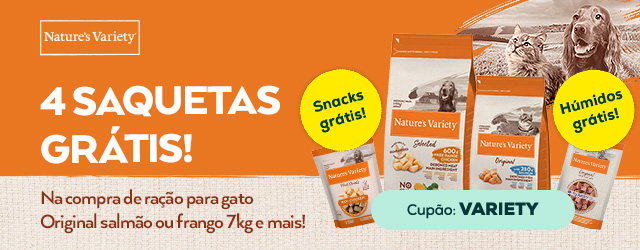 Nature's Variety: 2 saquetas de snacks grátis Meat Chunks na compra de ração para cão e 4 saquetas de alimentação húmida grátis na compra de ração para gato
