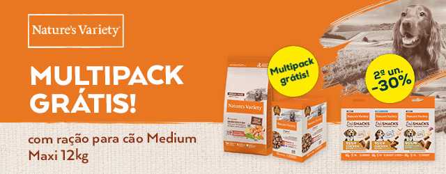 Nature's Variety: Alimentação húmida grátis na compra de ração para cão Medium Maxi 12 kg e -30% na 2.ª unidade numa seleção de snacks para cão 50 g