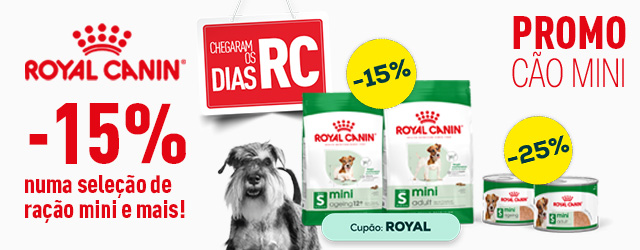 Royal Canin: 15% de desconto em seleção de ração para cão, e 25% de desconto em seleção de packs de alimentação húmida para cão 24 un.