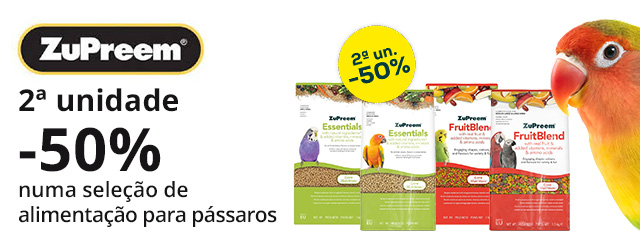 Zupreem: 50% de desconto na 2ª unidade em seleção de ração para pássaros
