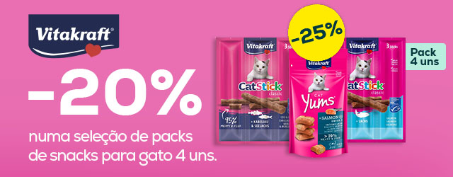 Vitakraft: -25% numa seleção de packs de snacks para gato (4 unid.)