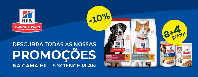 Hill's Sience Plan: 10% de desconto numa seleção de ração para cão e gato; 8+4 grátis em packs de alimentação húmida 12 un.