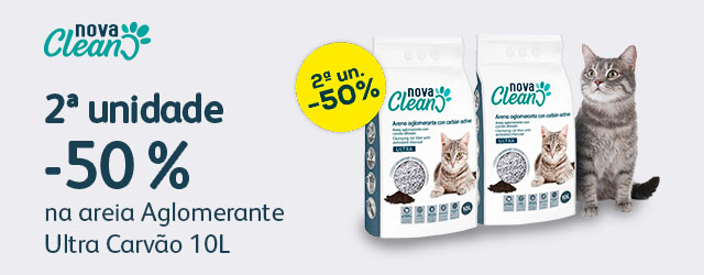 Nova Clean: -50% na 2.ª un. em areia aglomerante Ultra Carvão 10 l
