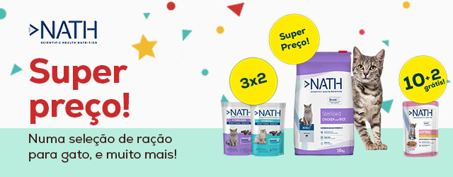 Nath: Super preços em ração para cão e gato; 10 + 2 grátis em packs de 12 un. de comida húmida; descontos em snacks