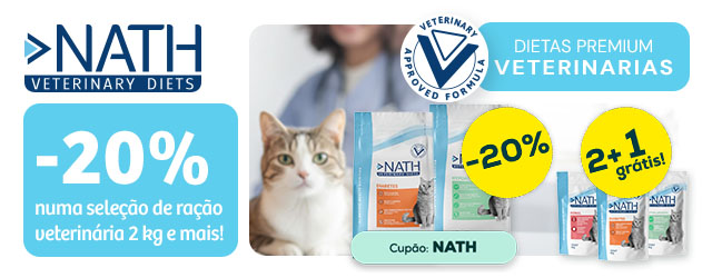 Nath Veterinary Diets: -20% em ração para gato 2 kg, 2+1 grátis numa seleção de packs de húmidos para gato