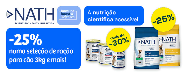 Nath: -25% numa seleção de ração para cão 3 kg, e mais de -30% numa seleção de packs de húmidos para cão 24 un.