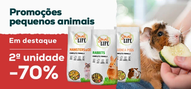 Small Life: -70% na 2.ª unidade em comida para coelhos e roedores e -50% na 2.ª unidade em snacks de fruta para coelhos e roedores (2 un.).