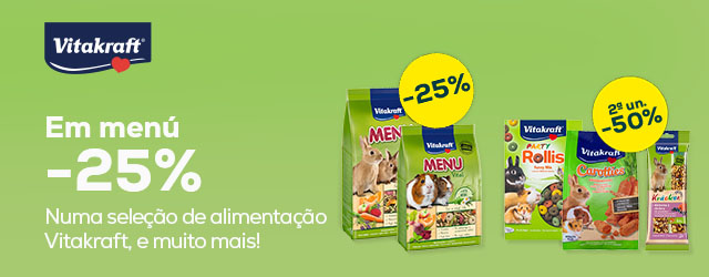 Vitakraft: -25% numa seleção de menu para coelhos e cobaias; -50% na 2ª unidade numa seleção de snacks