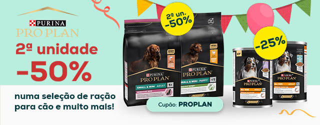 Pro Plan: 50% de desconto na segunda unidade de ração para cães e 25% de desconto em packs de comida húmida para cães