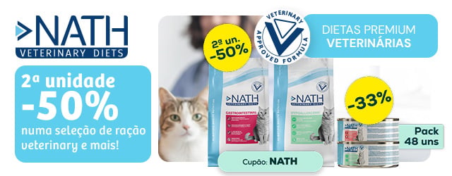 Nath: -50% na 2ª unidade numa seleção de ração para gato 2 kg, -33% numa seleção de packs de alimentação húmida