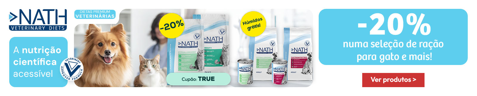 Nath Veterinary Diets: -20% em ra&ccedil;&atilde;o para gato 4 kg e 3 latas de alimenta&ccedil;&atilde;o h&uacute;mida de oferta com ra&ccedil;&atilde;o hipoalerg&eacute;nica para c&atilde;o 2,5 kg