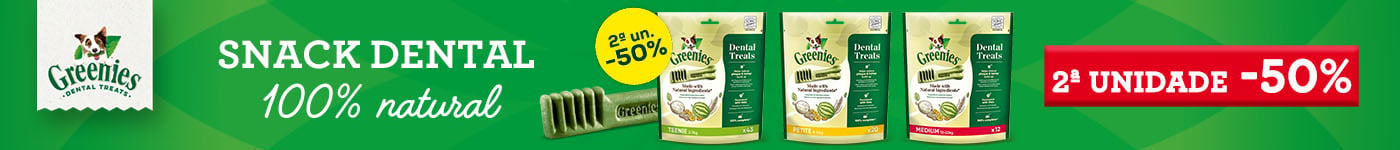 Greenies: -50% na 2ª unidade numa seleção de snacks dentários para cão