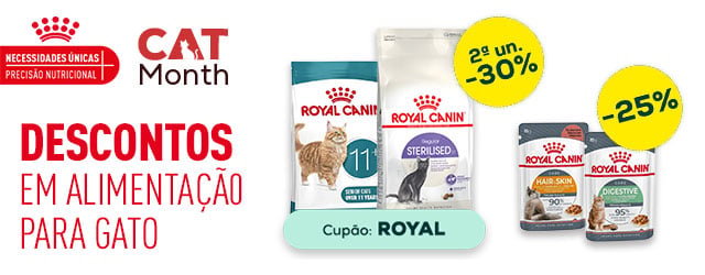 Royal Canin: -30% na 2ª unidade numa seleção de ração e -25% numa seleção de alimentação húmida para gato