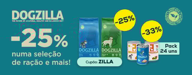 Dogzilla: -25% numa seleção de ração 12 kg e -33% numa seleção de packs de alimentação húmida