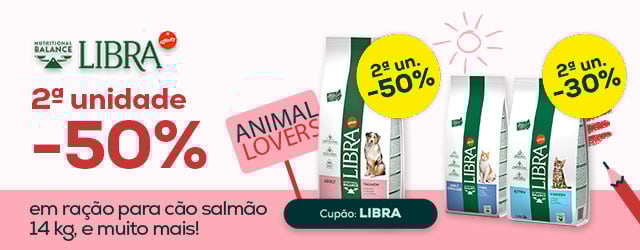 Libra: -50% na 2.ª unidade numa seleção de ração para cão e -30% na 2.ª unidade numa seleção de ração para gato 1,5 kg