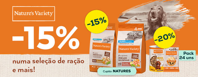 Nature's Variety: -15% numa seleção de ração e -20% numa seleção de alimentação húmida e snacks para cão