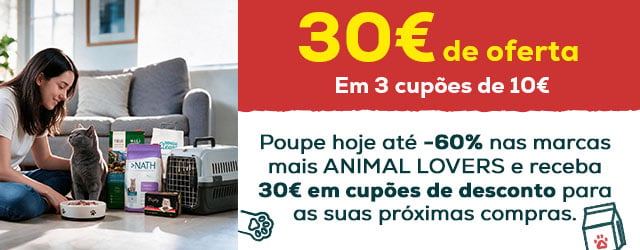 Até -60% nas marcas mais ANIMAL LOVERS e receba 30 € de oferta em 3 cupões de 10 €